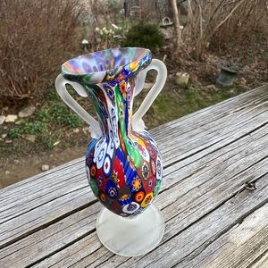 Vintage 4” Millefiori Vase Blown Glass With Frosted Handles and Base As Is